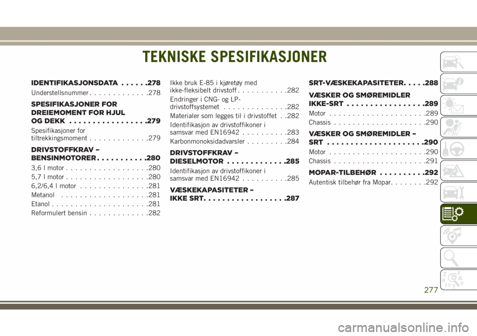 JEEP GRAND CHEROKEE 2018 Drift- og vedlikeholdshåndbok (in Norwegian) TEKNISKE SPESIFIKASJONER
IDENTIFIKASJONSDATA......278
Understellsnummer.............278
SPESIFIKASJONER FOR
DREIEMOMENT FOR HJUL
OG DEKK.................279
Spesifikasjoner for
tiltrekkingsmoment..... JEEP GRAND CHEROKEE 2018 Drift- og vedlikeholdshåndbok (in Norwegian) TEKNISKE SPESIFIKASJONER
IDENTIFIKASJONSDATA......278
Understellsnummer.............278
SPESIFIKASJONER FOR
DREIEMOMENT FOR HJUL
OG DEKK.................279
Spesifikasjoner for
tiltrekkingsmoment.....