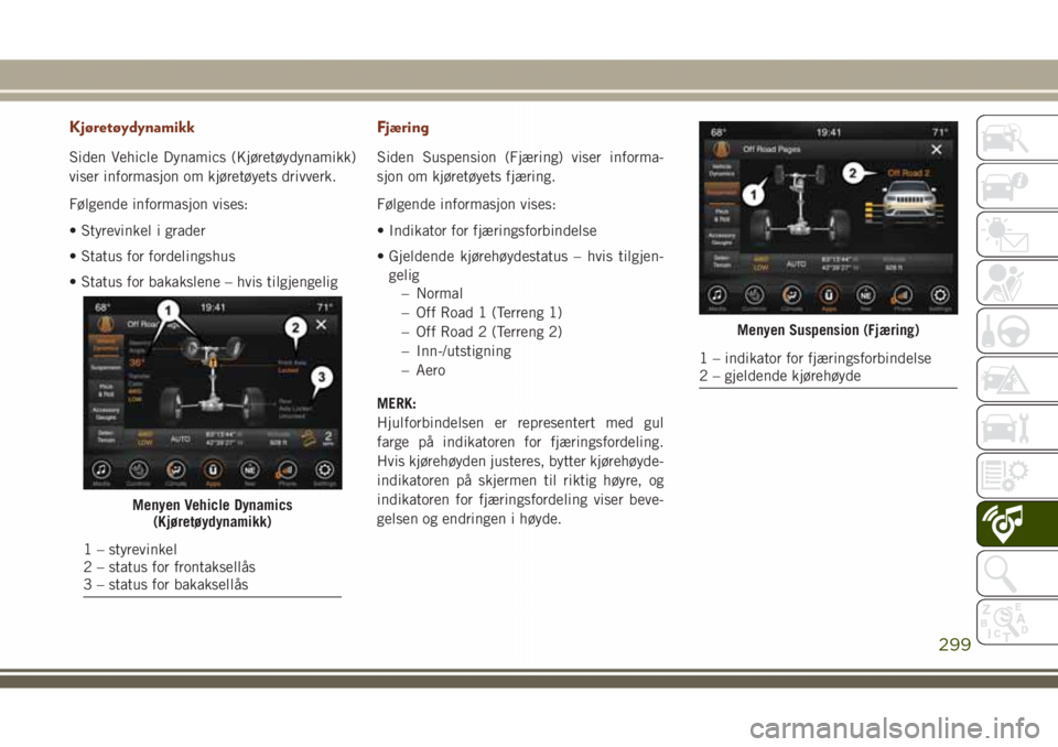 JEEP GRAND CHEROKEE 2018  Drift- og vedlikeholdshåndbok (in Norwegian) Kjøretøydynamikk
Siden Vehicle Dynamics (Kjøretøydynamikk)
viser informasjon om kjøretøyets drivverk.
Følgende informasjon vises:
• Styrevinkel i grader
• Status for fordelingshus
• Statu