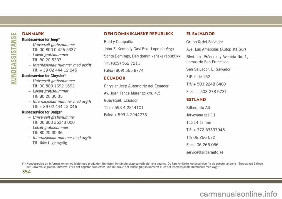JEEP GRAND CHEROKEE 2018 Drift- og vedlikeholdshåndbok (in Norwegian) DANMARK
Kundeservice for Jeep*
–Universelt gratisnummer
Tlf: 00 800 0 426 5337
–Lokalt gratisnummer
Tlf: 80 20 5337
–Internasjonalt nummer med avgift
Tlf: + 39 02 444 12 045
Kundeservice for Chr JEEP GRAND CHEROKEE 2018 Drift- og vedlikeholdshåndbok (in Norwegian) DANMARK
Kundeservice for Jeep*
–Universelt gratisnummer
Tlf: 00 800 0 426 5337
–Lokalt gratisnummer
Tlf: 80 20 5337
–Internasjonalt nummer med avgift
Tlf: + 39 02 444 12 045
Kundeservice for Chr