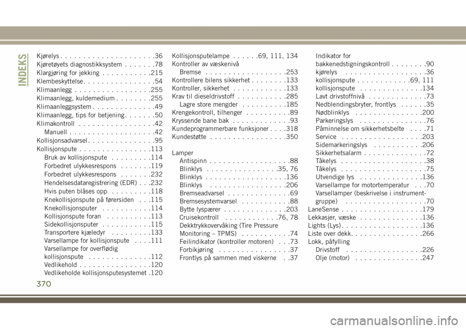 JEEP GRAND CHEROKEE 2018  Drift- og vedlikeholdshåndbok (in Norwegian) Kjørelys.....................36
Kjøretøyets diagnostikksystem.......78
Klargjøring for jekking...........215
Klembeskyttelse................54
Klimaanlegg.................255
Klimaanlegg, kuldemed