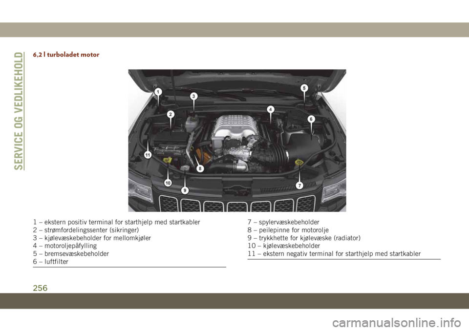 JEEP GRAND CHEROKEE 2021  Drift- og vedlikeholdshåndbok (in Norwegian) 6,2 l turboladet motor
1 – ekstern positiv terminal for starthjelp med startkabler
2 – strømfordelingssenter (sikringer)
3 – kjølevæskebeholder for mellomkjøler
4 – motoroljepåfylling
5 �