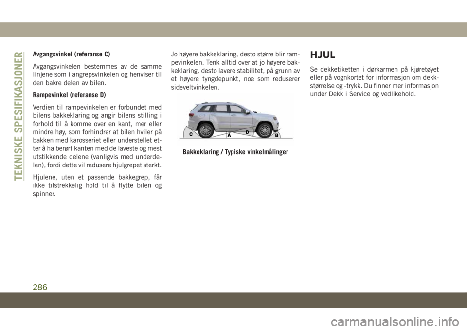 JEEP GRAND CHEROKEE 2020 Drift- og vedlikeholdshåndbok (in Norwegian) Avgangsvinkel (referanse C)
Avgangsvinkelen bestemmes av de samme
linjene som i angrepsvinkelen og henviser til
den bakre delen av bilen.
Rampevinkel (referanse D)
Verdien til rampevinkelen er forbund JEEP GRAND CHEROKEE 2020 Drift- og vedlikeholdshåndbok (in Norwegian) Avgangsvinkel (referanse C)
Avgangsvinkelen bestemmes av de samme
linjene som i angrepsvinkelen og henviser til
den bakre delen av bilen.
Rampevinkel (referanse D)
Verdien til rampevinkelen er forbund