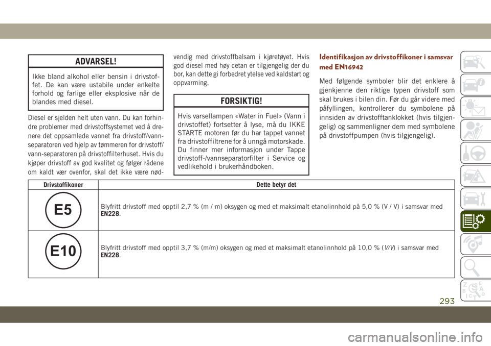 JEEP GRAND CHEROKEE 2019  Drift- og vedlikeholdshåndbok (in Norwegian) ADVARSEL!
Ikke bland alkohol eller bensin i drivstof-
fet. De kan være ustabile under enkelte
forhold og farlige eller eksplosive når de
blandes med diesel.
Diesel er sjelden helt uten vann. Du kan 