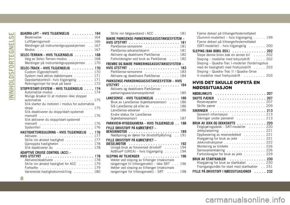 JEEP GRAND CHEROKEE 2020  Drift- og vedlikeholdshåndbok (in Norwegian) QUADRA-LIFT – HVIS TILGJENGELIG......... 164Beskrivelse.................... 164
Luftfjæringsmodi................. 166
Meldinger på instrumentgruppeskjermen . . 167
Modus....................... 167