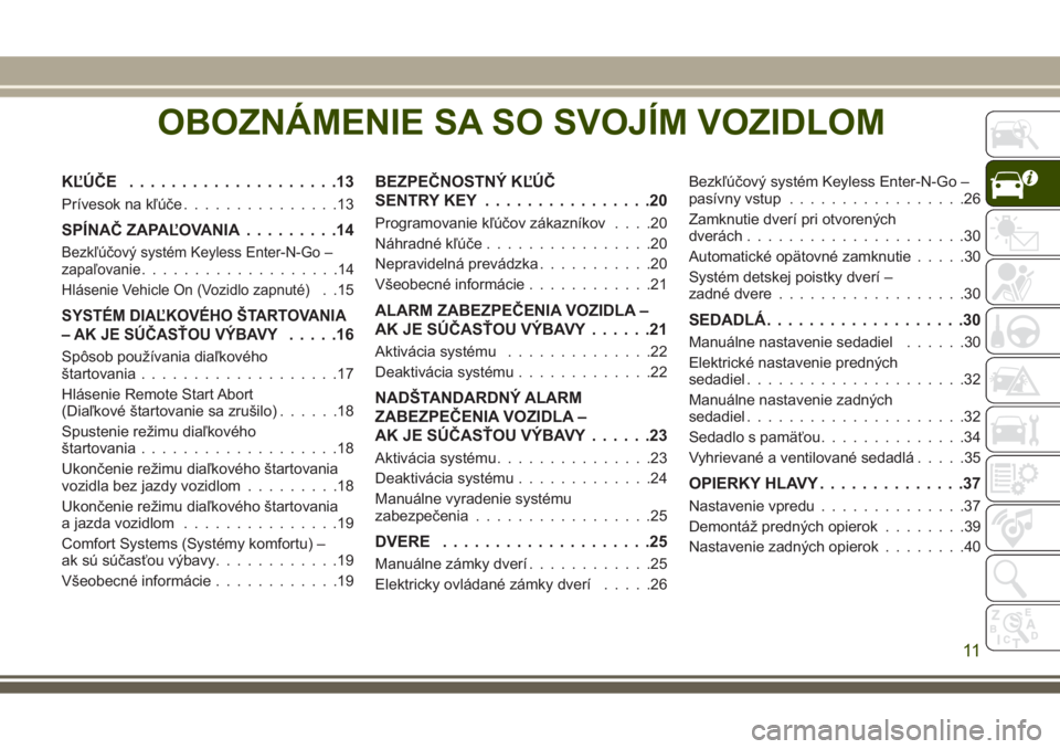 JEEP GRAND CHEROKEE 2017 Návod na použitie a údržbu (in Slovak) OBOZNÁMENIE SA SO SVOJÍM VOZIDLOM
KĽÚČE....................13
Prívesok na kľúče...............13
SPÍNAČ ZAPAĽOVANIA.........14
Bezkľúčový systém Keyless Enter-N-Go –
zapaľovanie . JEEP GRAND CHEROKEE 2017 Návod na použitie a údržbu (in Slovak) OBOZNÁMENIE SA SO SVOJÍM VOZIDLOM
KĽÚČE....................13
Prívesok na kľúče...............13
SPÍNAČ ZAPAĽOVANIA.........14
Bezkľúčový systém Keyless Enter-N-Go –
zapaľovanie .