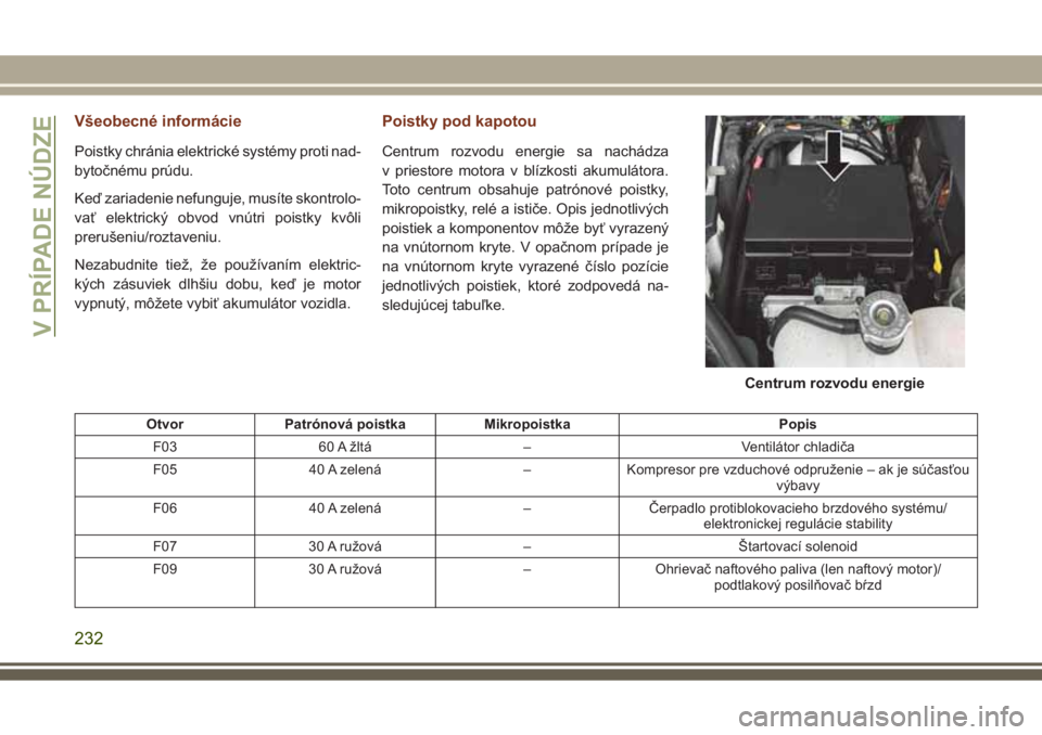 JEEP GRAND CHEROKEE 2017  Návod na použitie a údržbu (in Slovak) Všeobecné informácie
Poistky chránia elektrické systémy proti nad-
bytočnému prúdu.
Keď zariadenie nefunguje, musíte skontrolo-
vať elektrický obvod vnútri poistky kvôli
prerušeniu/roz