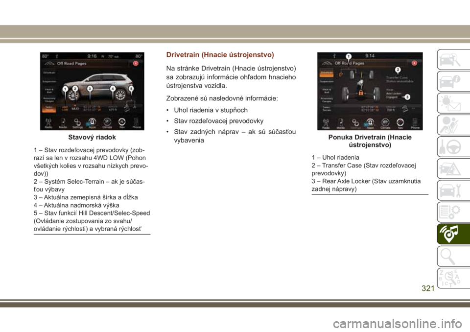 JEEP GRAND CHEROKEE 2017  Návod na použitie a údržbu (in Slovak) Drivetrain (Hnacie ústrojenstvo)
Na stránke Drivetrain (Hnacie ústrojenstvo)
sa zobrazujú informácie ohľadom hnacieho
ústrojenstva vozidla.
Zobrazené sú nasledovné informácie:
• Uhol riad