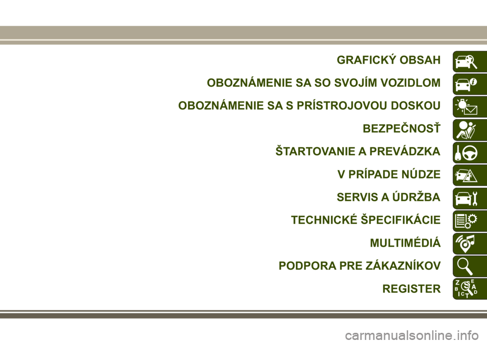 JEEP GRAND CHEROKEE 2017  Návod na použitie a údržbu (in Slovak) GRAFICKÝ OBSAH
OBOZNÁMENIE SA SO SVOJÍM VOZIDLOM
OBOZNÁMENIE SA S PRÍSTROJOVOU DOSKOU
BEZPEČNOSŤ
ŠTARTOVANIE A PREVÁDZKA
V PRÍPADE NÚDZE
SERVIS A ÚDRŽBA
TECHNICKÉ ŠPECIFIKÁCIE
MULTIMÉ
