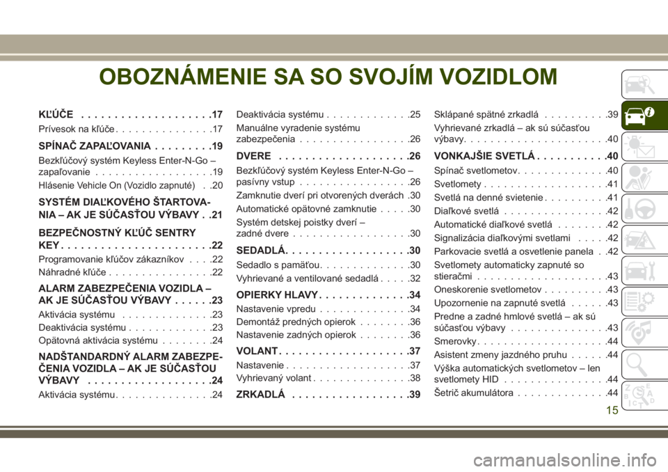 JEEP GRAND CHEROKEE 2018 Návod na použitie a údržbu (in Slovak) OBOZNÁMENIE SA SO SVOJÍM VOZIDLOM
KĽÚČE....................17
Prívesok na kľúče...............17
SPÍNAČ ZAPAĽOVANIA.........19
Bezkľúčový systém Keyless Enter-N-Go –
zapaľovanie... JEEP GRAND CHEROKEE 2018 Návod na použitie a údržbu (in Slovak) OBOZNÁMENIE SA SO SVOJÍM VOZIDLOM
KĽÚČE....................17
Prívesok na kľúče...............17
SPÍNAČ ZAPAĽOVANIA.........19
Bezkľúčový systém Keyless Enter-N-Go –
zapaľovanie...