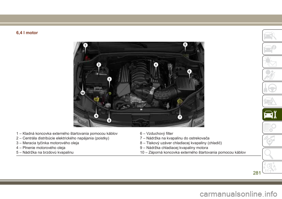 JEEP GRAND CHEROKEE 2018 Návod na použitie a údržbu (in Slovak) 6,4 l motor
1 – Kladná koncovka externého štartovania pomocou káblov 6 – Vzduchový filter
2 – Centrála distribúcie elektrického napájania (poistky) 7 – Nádržka na kvapalinu do ostre JEEP GRAND CHEROKEE 2018 Návod na použitie a údržbu (in Slovak) 6,4 l motor
1 – Kladná koncovka externého štartovania pomocou káblov 6 – Vzduchový filter
2 – Centrála distribúcie elektrického napájania (poistky) 7 – Nádržka na kvapalinu do ostre