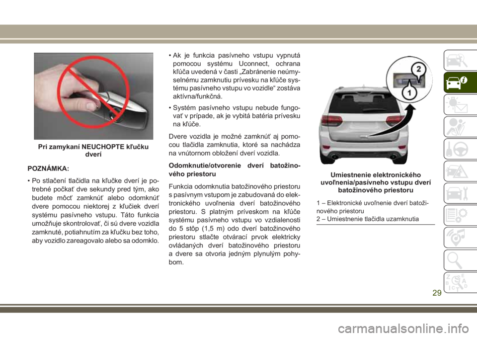 JEEP GRAND CHEROKEE 2018 Návod na použitie a údržbu (in Slovak) POZNÁMKA:
• Po stlačení tlačidla na kľučke dverí je po-
trebné počkať dve sekundy pred tým, ako
budete môcť zamknúť alebo odomknúť
dvere pomocou niektorej z kľučiek dverí
systém JEEP GRAND CHEROKEE 2018 Návod na použitie a údržbu (in Slovak) POZNÁMKA:
• Po stlačení tlačidla na kľučke dverí je po-
trebné počkať dve sekundy pred tým, ako
budete môcť zamknúť alebo odomknúť
dvere pomocou niektorej z kľučiek dverí
systém