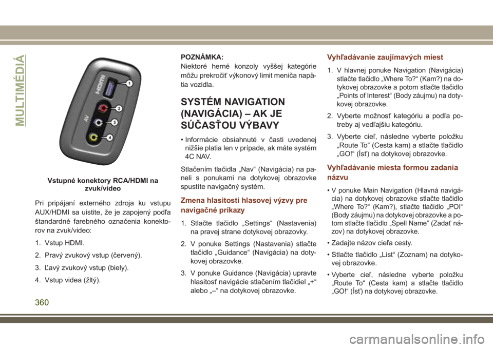 JEEP GRAND CHEROKEE 2018 Návod na použitie a údržbu (in Slovak) Pri pripájaní externého zdroja ku vstupu
AUX/HDMI sa uistite, že je zapojený podľa
štandardné farebného označenia konekto-
rov na zvuk/video:
1. Vstup HDMI.
2. Pravý zvukový vstup (červen JEEP GRAND CHEROKEE 2018 Návod na použitie a údržbu (in Slovak) Pri pripájaní externého zdroja ku vstupu
AUX/HDMI sa uistite, že je zapojený podľa
štandardné farebného označenia konekto-
rov na zvuk/video:
1. Vstup HDMI.
2. Pravý zvukový vstup (červen