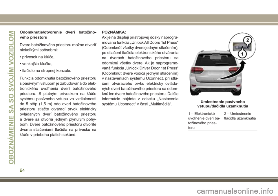 JEEP GRAND CHEROKEE 2018 Návod na použitie a údržbu (in Slovak) Odomknutie/otvorenie dverí batožino-
vého priestoru
Dvere batožinového priestoru možno otvoriť
niekoľkými spôsobmi:
• prívesok na kľúče,
• vonkajšia kľučka,
• tlačidlo na strop JEEP GRAND CHEROKEE 2018 Návod na použitie a údržbu (in Slovak) Odomknutie/otvorenie dverí batožino-
vého priestoru
Dvere batožinového priestoru možno otvoriť
niekoľkými spôsobmi:
• prívesok na kľúče,
• vonkajšia kľučka,
• tlačidlo na strop
