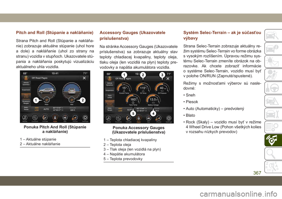 JEEP GRAND CHEROKEE 2021  Návod na použitie a údržbu (in Slovak) Pitch and Roll (Stúpanie a nakláňanie)
Strana Pitch and Roll (Stúpanie a nakláňa-
nie) zobrazuje aktuálne stúpanie (uhol hore
a dole) a nakláňanie (uhol zo strany na
stranu) vozidla v stupň