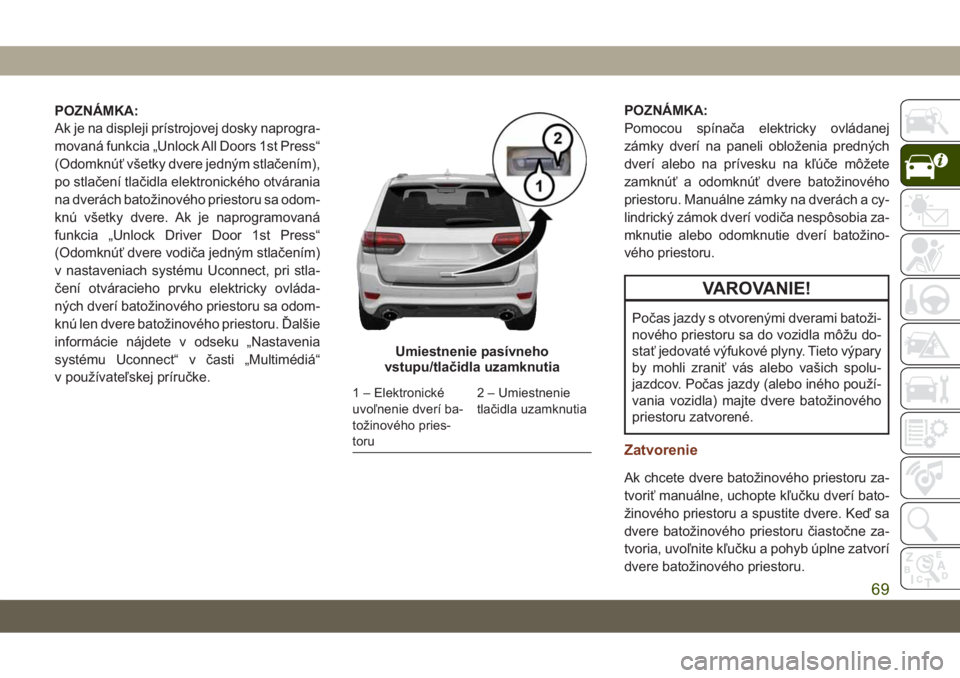 JEEP GRAND CHEROKEE 2021 Návod na použitie a údržbu (in Slovak) POZNÁMKA:
Ak je na displeji prístrojovej dosky naprogra-
movaná funkcia „Unlock All Doors 1st Press“
(Odomknúť všetky dvere jedným stlačením),
po stlačení tlačidla elektronického otv JEEP GRAND CHEROKEE 2021 Návod na použitie a údržbu (in Slovak) POZNÁMKA:
Ak je na displeji prístrojovej dosky naprogra-
movaná funkcia „Unlock All Doors 1st Press“
(Odomknúť všetky dvere jedným stlačením),
po stlačení tlačidla elektronického otv