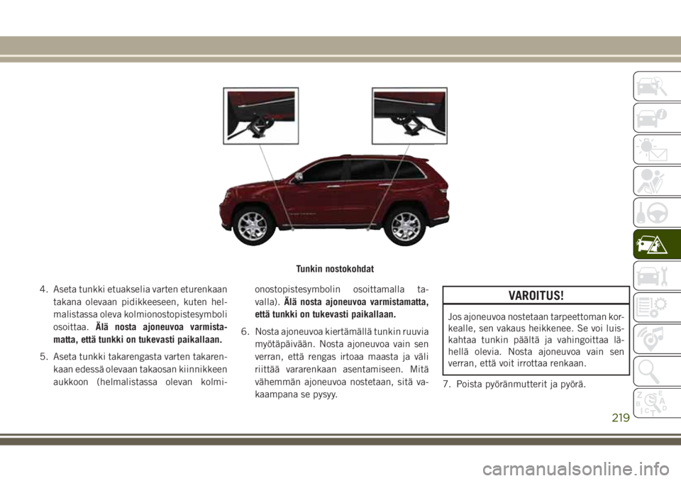 JEEP GRAND CHEROKEE 2017 Käyttö- ja huolto-ohjekirja (in in Finnish) 4. Aseta tunkki etuakselia varten eturenkaan
takana olevaan pidikkeeseen, kuten hel-
malistassa oleva kolmionostopistesymboli
osoittaa.Älä nosta ajoneuvoa varmista-
matta, että tunkki on tukevasti JEEP GRAND CHEROKEE 2017 Käyttö- ja huolto-ohjekirja (in in Finnish) 4. Aseta tunkki etuakselia varten eturenkaan
takana olevaan pidikkeeseen, kuten hel-
malistassa oleva kolmionostopistesymboli
osoittaa.Älä nosta ajoneuvoa varmista-
matta, että tunkki on tukevasti