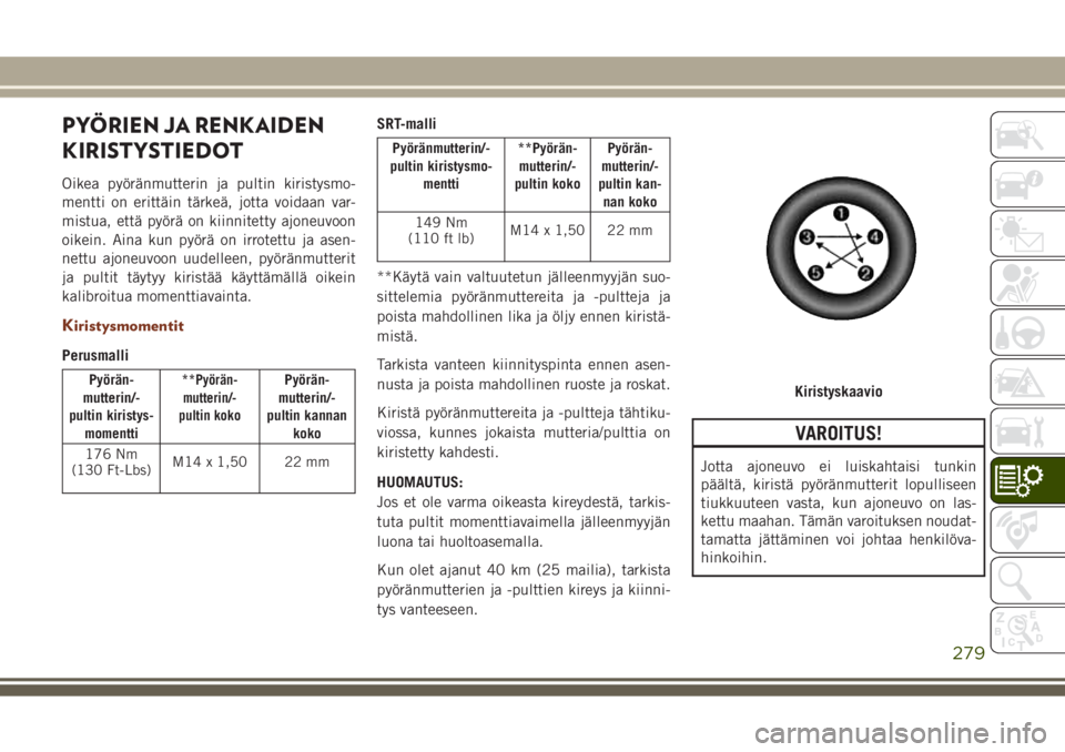 JEEP GRAND CHEROKEE 2017 Käyttö- ja huolto-ohjekirja (in in Finnish) PYÖRIEN JA RENKAIDEN
KIRISTYSTIEDOT
Oikea pyöränmutterin ja pultin kiristysmo-
mentti on erittäin tärkeä, jotta voidaan var-
mistua, että pyörä on kiinnitetty ajoneuvoon
oikein. Aina kun pyö JEEP GRAND CHEROKEE 2017 Käyttö- ja huolto-ohjekirja (in in Finnish) PYÖRIEN JA RENKAIDEN
KIRISTYSTIEDOT
Oikea pyöränmutterin ja pultin kiristysmo-
mentti on erittäin tärkeä, jotta voidaan var-
mistua, että pyörä on kiinnitetty ajoneuvoon
oikein. Aina kun pyö