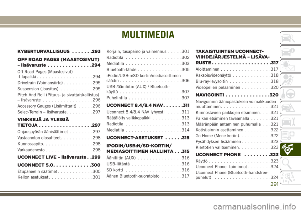 JEEP GRAND CHEROKEE 2017  Käyttö- ja huolto-ohjekirja (in in Finnish) MULTIMEDIA
KYBERTURVALLISUUS.......293
OFF ROAD PAGES (MAASTOSIVUT)
– lisävaruste...............294
Off Road Pages (Maastosivut)
-tilapalkki...................294
Drivetrain (Voimansiirto).........