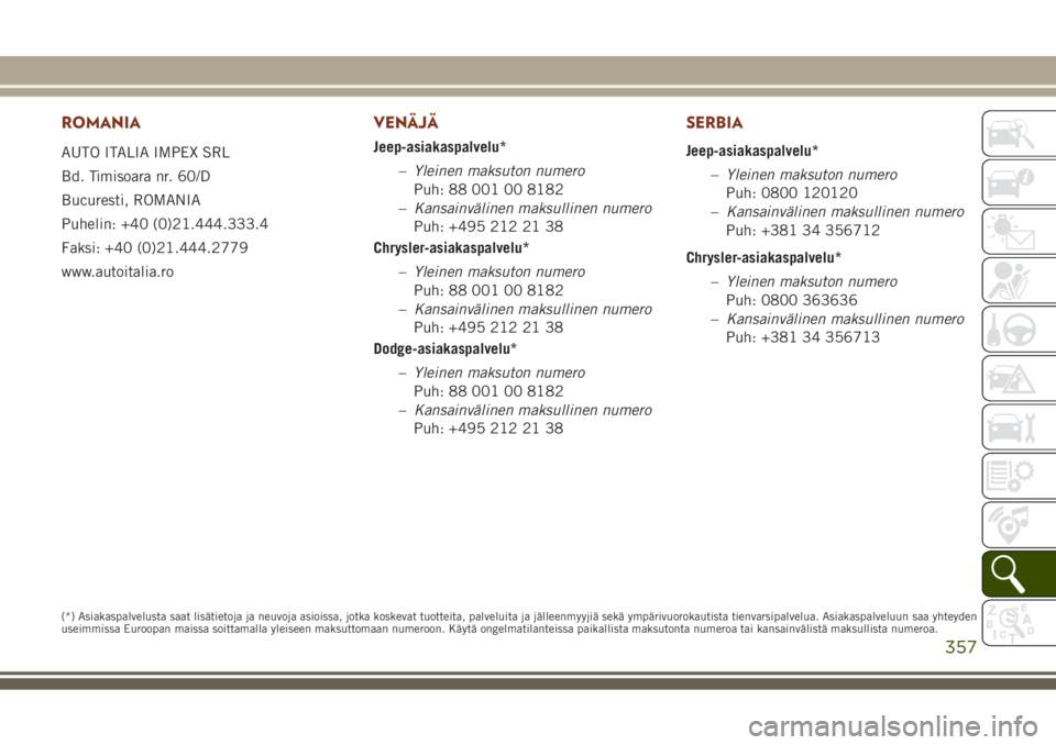 JEEP GRAND CHEROKEE 2017 Käyttö- ja huolto-ohjekirja (in in Finnish) ROMANIA
AUTO ITALIA IMPEX SRL
Bd. Timisoara nr. 60/D
Bucuresti, ROMANIA
Puhelin: +40 (0)21.444.333.4
Faksi: +40 (0)21.444.2779
www.autoitalia.ro
VENÄJÄ
Jeep-asiakaspalvelu*
–Yleinen maksuton numer JEEP GRAND CHEROKEE 2017 Käyttö- ja huolto-ohjekirja (in in Finnish) ROMANIA
AUTO ITALIA IMPEX SRL
Bd. Timisoara nr. 60/D
Bucuresti, ROMANIA
Puhelin: +40 (0)21.444.333.4
Faksi: +40 (0)21.444.2779
www.autoitalia.ro
VENÄJÄ
Jeep-asiakaspalvelu*
–Yleinen maksuton numer