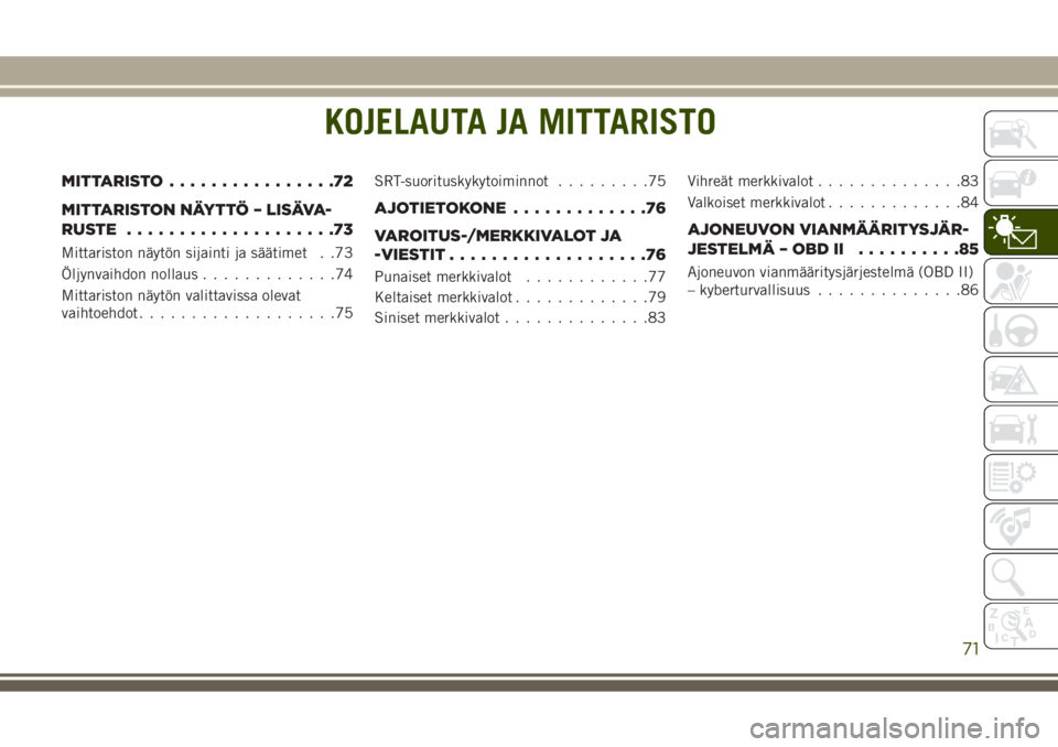 JEEP GRAND CHEROKEE 2017  Käyttö- ja huolto-ohjekirja (in in Finnish) KOJELAUTA JA MITTARISTO
MITTARISTO................72
MITTARISTON NÄYTTÖ – LISÄVA-
RUSTE ....................73
Mittariston näytön sijainti ja säätimet . .73
Öljynvaihdon nollaus.............