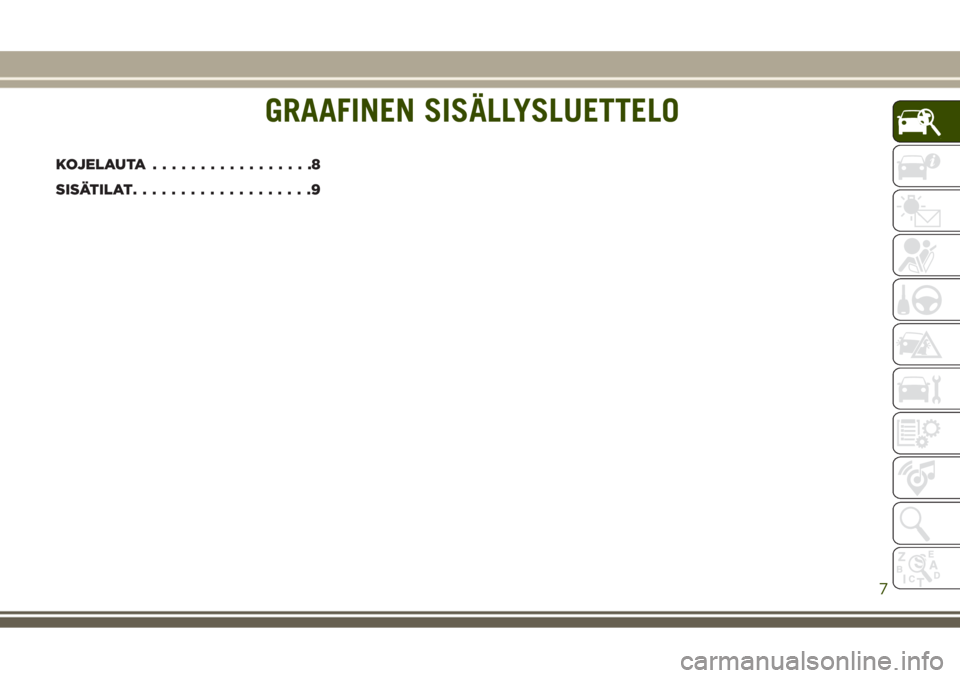 JEEP GRAND CHEROKEE 2017  Käyttö- ja huolto-ohjekirja (in in Finnish) GRAAFINEN SISÄLLYSLUETTELO
KOJELAUTA.................8
SISÄTILAT...................9
GRAAFINEN SISÄLLYSLUETTELO
7 