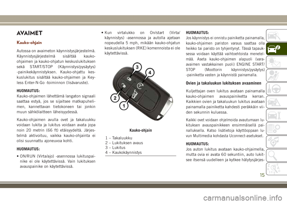 JEEP GRAND CHEROKEE 2018 Käyttö- ja huolto-ohjekirja (in in Finnish) AVAIMET
Kauko-ohjain
Autossa on avaimeton käynnistysjärjestelmä.
Käynnistysjärjestelmä sisältää kauko-
ohjaimen ja kauko-ohjatun keskuslukituksen
sekä START/STOP (Käynnistys/pysäytys)
-pai JEEP GRAND CHEROKEE 2018 Käyttö- ja huolto-ohjekirja (in in Finnish) AVAIMET
Kauko-ohjain
Autossa on avaimeton käynnistysjärjestelmä.
Käynnistysjärjestelmä sisältää kauko-
ohjaimen ja kauko-ohjatun keskuslukituksen
sekä START/STOP (Käynnistys/pysäytys)
-pai