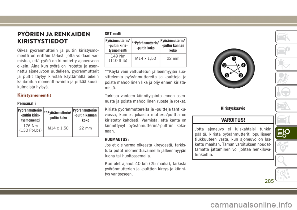 JEEP GRAND CHEROKEE 2018  Käyttö- ja huolto-ohjekirja (in in Finnish) PYÖRIEN JA RENKAIDEN
KIRISTYSTIEDOT
Oikea pyöränmutterin ja pultin kiristysmo-
mentti on erittäin tärkeä, jotta voidaan var-
mistua, että pyörä on kiinnitetty ajoneuvoon
oikein. Aina kun pyö