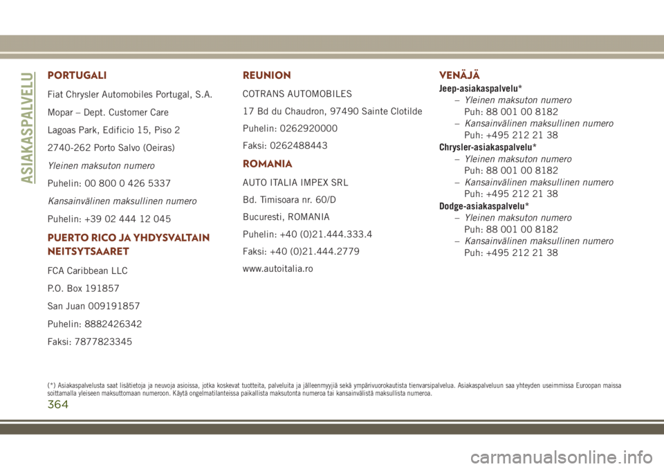 JEEP GRAND CHEROKEE 2018  Käyttö- ja huolto-ohjekirja (in in Finnish) PORTUGALI
Fiat Chrysler Automobiles Portugal, S.A.
Mopar – Dept. Customer Care
Lagoas Park, Edificio 15, Piso 2
2740-262 Porto Salvo (Oeiras)
Yleinen maksuton numero
Puhelin: 00 800 0 426 5337
Kansa