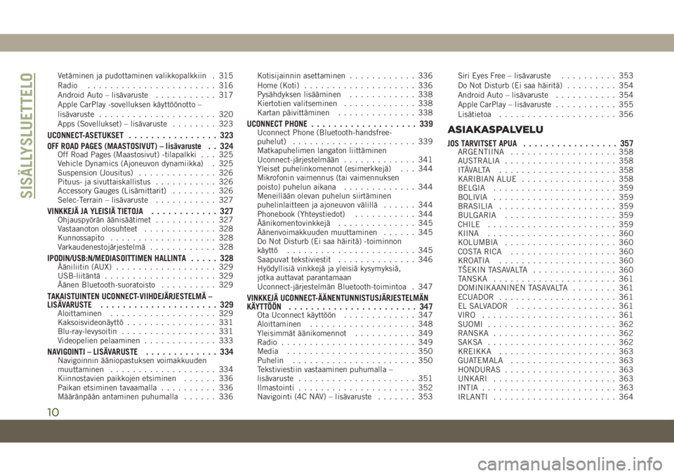 JEEP GRAND CHEROKEE 2019  Käyttö- ja huolto-ohjekirja (in in Finnish) Vetäminen ja pudottaminen valikkopalkkiin . 315
Radio....................... 316
Android Auto – lisävaruste........... 317
Apple CarPlay -sovelluksen käyttöönotto –
lisävaruste..............