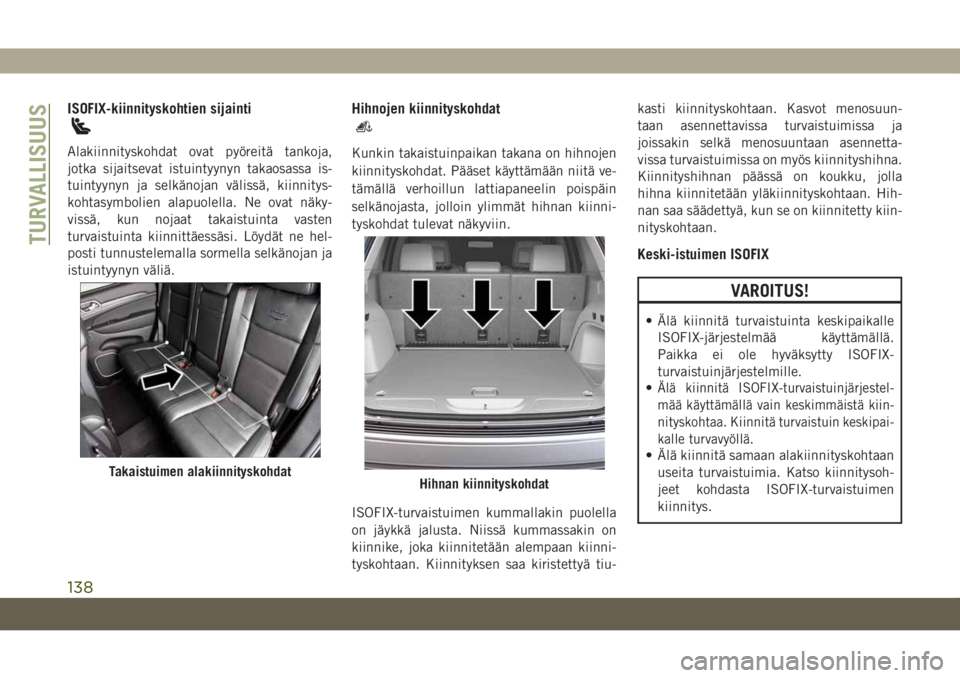 JEEP GRAND CHEROKEE 2020 Käyttö- ja huolto-ohjekirja (in in Finnish) ISOFIX-kiinnityskohtien sijainti
Alakiinnityskohdat ovat pyöreitä tankoja,
jotka sijaitsevat istuintyynyn takaosassa is-
tuintyynyn ja selkänojan välissä, kiinnitys-
kohtasymbolien alapuolella. N JEEP GRAND CHEROKEE 2020 Käyttö- ja huolto-ohjekirja (in in Finnish) ISOFIX-kiinnityskohtien sijainti
Alakiinnityskohdat ovat pyöreitä tankoja,
jotka sijaitsevat istuintyynyn takaosassa is-
tuintyynyn ja selkänojan välissä, kiinnitys-
kohtasymbolien alapuolella. N