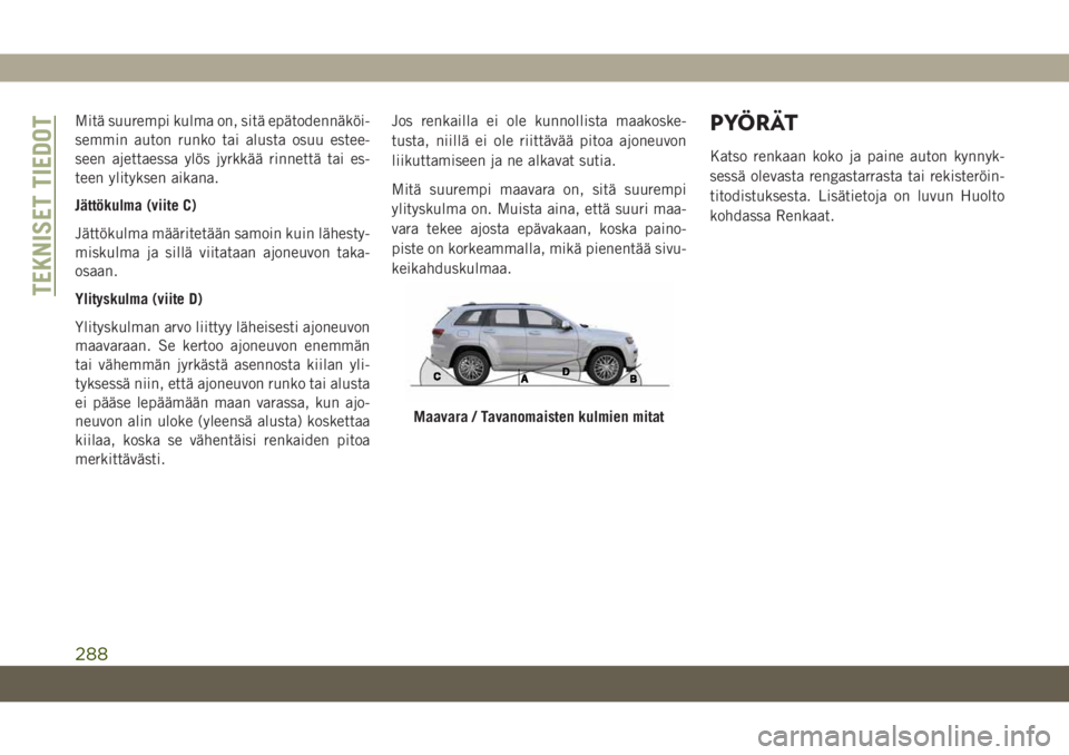 JEEP GRAND CHEROKEE 2019 Käyttö- ja huolto-ohjekirja (in in Finnish) Mitä suurempi kulma on, sitä epätodennäköi-
semmin auton runko tai alusta osuu estee-
seen ajettaessa ylös jyrkkää rinnettä tai es-
teen ylityksen aikana.
Jättökulma (viite C)
Jättökulma JEEP GRAND CHEROKEE 2019 Käyttö- ja huolto-ohjekirja (in in Finnish) Mitä suurempi kulma on, sitä epätodennäköi-
semmin auton runko tai alusta osuu estee-
seen ajettaessa ylös jyrkkää rinnettä tai es-
teen ylityksen aikana.
Jättökulma (viite C)
Jättökulma