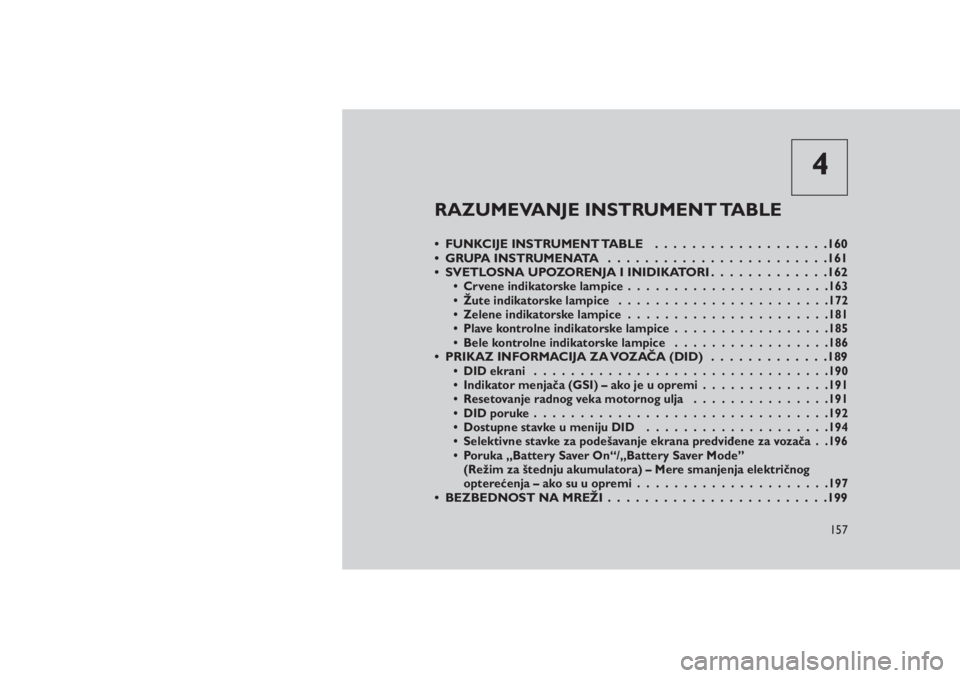 JEEP GRAND CHEROKEE 2016  Knjižica za upotrebu i održavanje (in Serbian) 4
RAZUMEVANJE INSTRUMENT TABLE
• FUNKCIJE INSTRUMENT TABLE...................160
• GRUPA INSTRUMENATA ........................161
• SVETLOSNA UPOZORENJA I INIDIKATORI.............162
• Crvene 