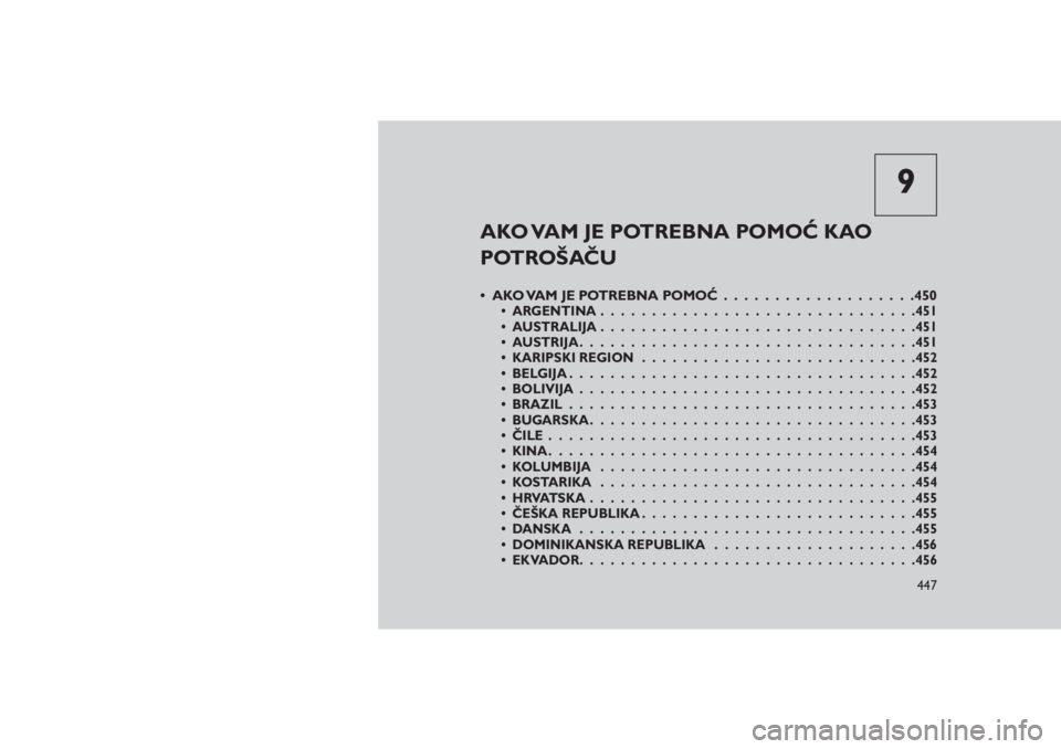 JEEP GRAND CHEROKEE 2016  Knjižica za upotrebu i održavanje (in Serbian) 9
AKO VAM JE POTREBNA POMOĆ KAO
POTROŠAČU
• AKO VAM JE POTREBNA POMOĆ . . .................450• ARGENTINA...............................451
• AUSTRALIJA...............................451
•