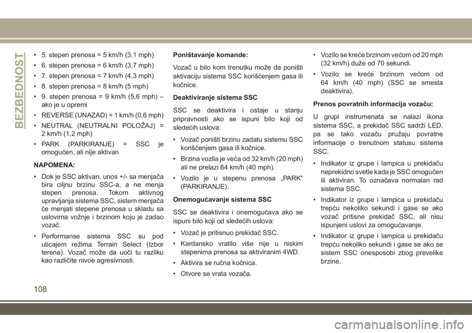 JEEP GRAND CHEROKEE 2017 Knjižica za upotrebu i održavanje (in Serbian) • 5. stepen prenosa = 5 km/h (3,1 mph)
• 6. stepen prenosa = 6 km/h (3,7 mph)
• 7. stepen prenosa = 7 km/h (4,3 mph)
• 8. stepen prenosa = 8 km/h (5 mph)
• 9. stepen prenosa = 9 km/h (5,6 mp JEEP GRAND CHEROKEE 2017 Knjižica za upotrebu i održavanje (in Serbian) • 5. stepen prenosa = 5 km/h (3,1 mph)
• 6. stepen prenosa = 6 km/h (3,7 mph)
• 7. stepen prenosa = 7 km/h (4,3 mph)
• 8. stepen prenosa = 8 km/h (5 mph)
• 9. stepen prenosa = 9 km/h (5,6 mp