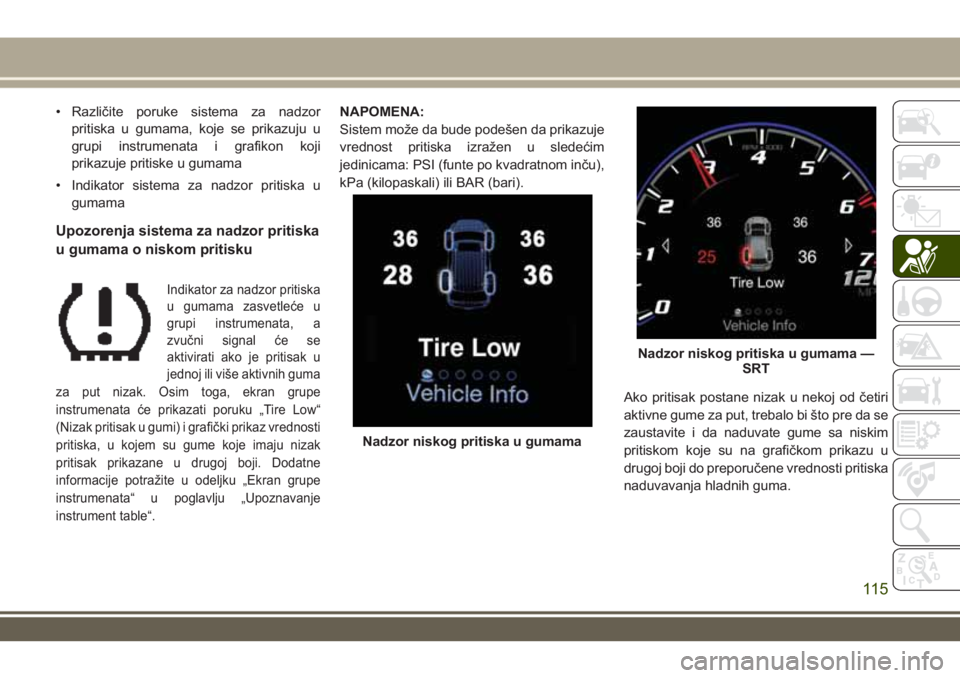 JEEP GRAND CHEROKEE 2017 Knjižica za upotrebu i održavanje (in Serbian) • Različite poruke sistema za nadzor
pritiska u gumama, koje se prikazuju u
grupi instrumenata i grafikon koji
prikazuje pritiske u gumama
• Indikator sistema za nadzor pritiska u
gumama
Upozoren JEEP GRAND CHEROKEE 2017 Knjižica za upotrebu i održavanje (in Serbian) • Različite poruke sistema za nadzor
pritiska u gumama, koje se prikazuju u
grupi instrumenata i grafikon koji
prikazuje pritiske u gumama
• Indikator sistema za nadzor pritiska u
gumama
Upozoren