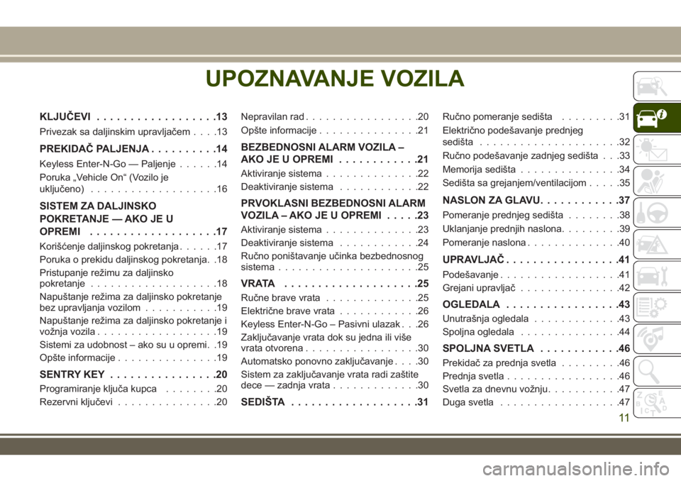 JEEP GRAND CHEROKEE 2017  Knjižica za upotrebu i održavanje (in Serbian) UPOZNAVANJE VOZILA
KLJUČEVI..................13
Privezak sa daljinskim upravljačem....13
PREKIDAČ PALJENJA..........14
Keyless Enter-N-Go — Paljenje......14
Poruka „Vehicle On“ (Vozilo je
ukl