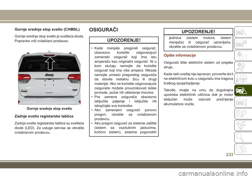 JEEP GRAND CHEROKEE 2017  Knjižica za upotrebu i održavanje (in Serbian) Gornje srednje stop svetlo (CHMSL)
Gornje srednje stop svetlo je svetleća dioda.
Popravke vrši ovlašćeni prodavac.
Zadnje svetlo registarske tablice
Zadnja svetla registarske tablice su svetleće
