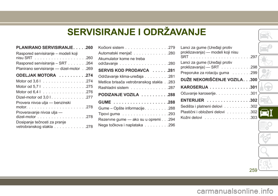 JEEP GRAND CHEROKEE 2017 Knjižica za upotrebu i održavanje (in Serbian) SERVISIRANJE I ODRŽAVANJE
PLANIRANO SERVISIRANJE.....260
Raspored servisiranje – modeli koji
nisu SRT...................260
Raspored servisiranja – SRT.......264
Planirano servisiranje — dizel- JEEP GRAND CHEROKEE 2017 Knjižica za upotrebu i održavanje (in Serbian) SERVISIRANJE I ODRŽAVANJE
PLANIRANO SERVISIRANJE.....260
Raspored servisiranje – modeli koji
nisu SRT...................260
Raspored servisiranja – SRT.......264
Planirano servisiranje — dizel-