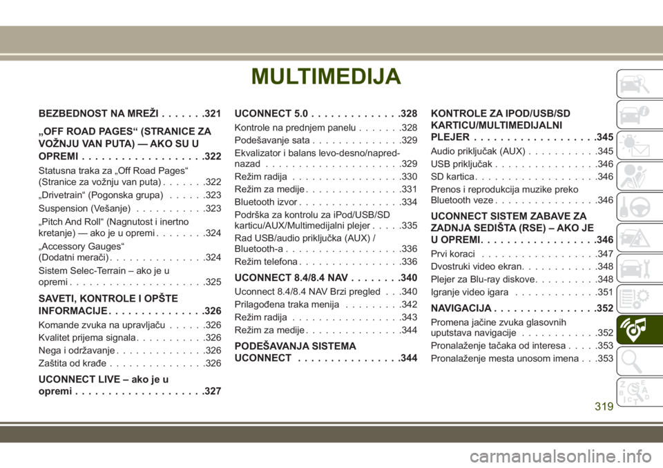 JEEP GRAND CHEROKEE 2017 Knjižica za upotrebu i održavanje (in Serbian) MULTIMEDIJA
BEZBEDNOST NA MREŽI.......321
„OFF ROAD PAGES“ (STRANICE ZA
VOŽNJU VAN PUTA) — AKO SU U
OPREMI...................322
Statusna traka za „Off Road Pages“
(Stranice za vožnju van JEEP GRAND CHEROKEE 2017 Knjižica za upotrebu i održavanje (in Serbian) MULTIMEDIJA
BEZBEDNOST NA MREŽI.......321
„OFF ROAD PAGES“ (STRANICE ZA
VOŽNJU VAN PUTA) — AKO SU U
OPREMI...................322
Statusna traka za „Off Road Pages“
(Stranice za vožnju van