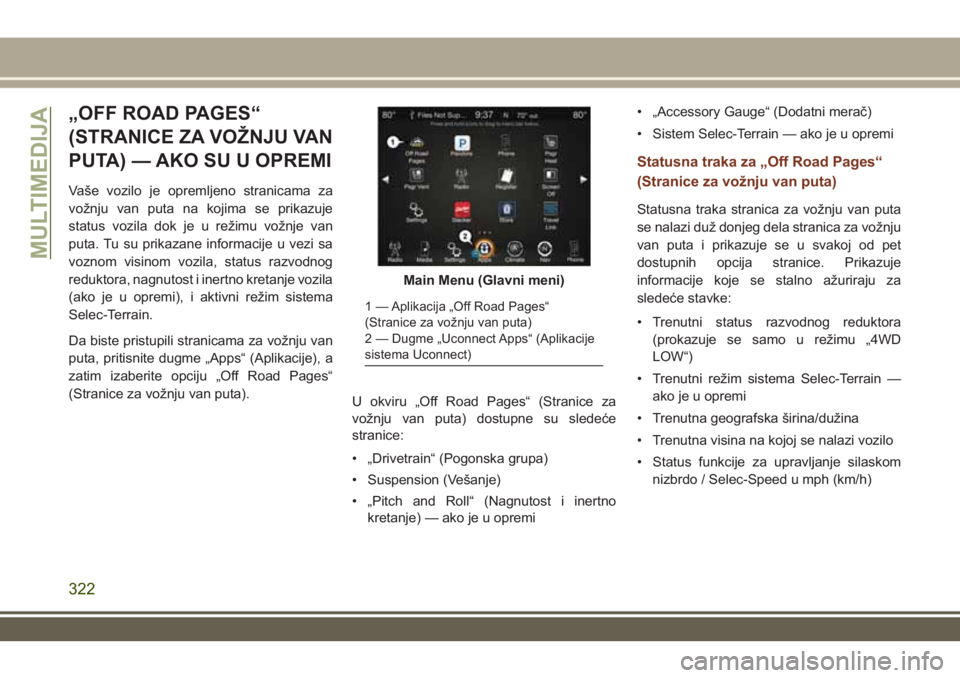 JEEP GRAND CHEROKEE 2017 Knjižica za upotrebu i održavanje (in Serbian) „OFF ROAD PAGES“
(STRANICE ZA VOŽNJU VAN
PUTA) — AKO SU U OPREMI
Vaše vozilo je opremljeno stranicama za
vožnju van puta na kojima se prikazuje
status vozila dok je u režimu vožnje van
puta JEEP GRAND CHEROKEE 2017 Knjižica za upotrebu i održavanje (in Serbian) „OFF ROAD PAGES“
(STRANICE ZA VOŽNJU VAN
PUTA) — AKO SU U OPREMI
Vaše vozilo je opremljeno stranicama za
vožnju van puta na kojima se prikazuje
status vozila dok je u režimu vožnje van
puta