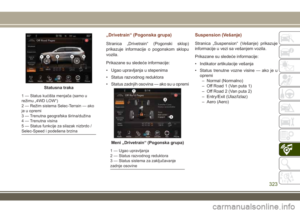 JEEP GRAND CHEROKEE 2017 Knjižica za upotrebu i održavanje (in Serbian) „Drivetrain“ (Pogonska grupa)
Stranica „Drivetrain“ (Pogonski sklop)
prikazuje informacije o pogonskom sklopu
vozila.
Prikazane su sledeće informacije:
• Ugao upravljanja u stepenima
• St JEEP GRAND CHEROKEE 2017 Knjižica za upotrebu i održavanje (in Serbian) „Drivetrain“ (Pogonska grupa)
Stranica „Drivetrain“ (Pogonski sklop)
prikazuje informacije o pogonskom sklopu
vozila.
Prikazane su sledeće informacije:
• Ugao upravljanja u stepenima
• St