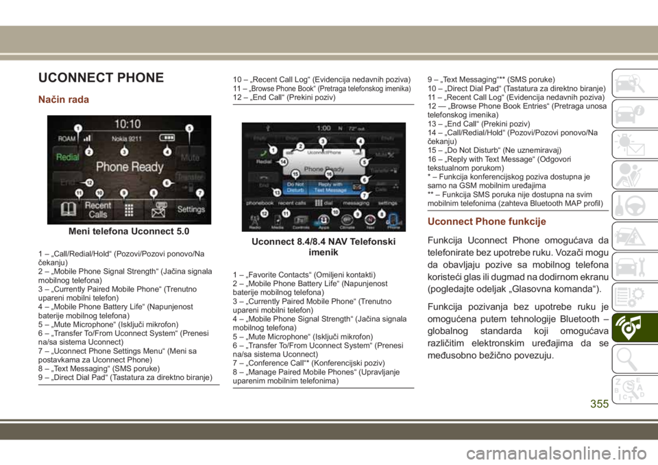 JEEP GRAND CHEROKEE 2017  Knjižica za upotrebu i održavanje (in Serbian) UCONNECT PHONE
Način rada
1 – „Call/Redial/Hold“ (Pozovi/Pozovi ponovo/Na
čekanju)
2 – „Mobile Phone Signal Strength“ (Jačina signala
mobilnog telefona)
3 – „Currently Paired Mobile