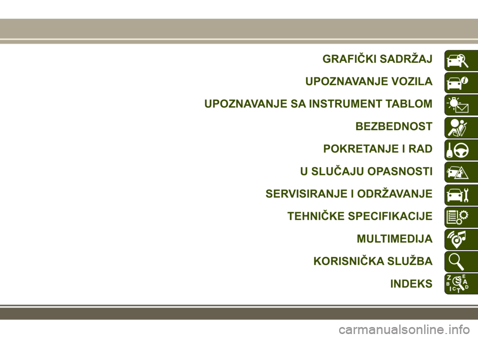 JEEP GRAND CHEROKEE 2017  Knjižica za upotrebu i održavanje (in Serbian) GRAFIČKI SADRŽAJ
UPOZNAVANJE VOZILA
UPOZNAVANJE SA INSTRUMENT TABLOM
BEZBEDNOST
POKRETANJE I RAD
U SLUČAJU OPASNOSTI
SERVISIRANJE I ODRŽAVANJE
TEHNIČKE SPECIFIKACIJE
MULTIMEDIJA
KORISNIČKA SLUŽ