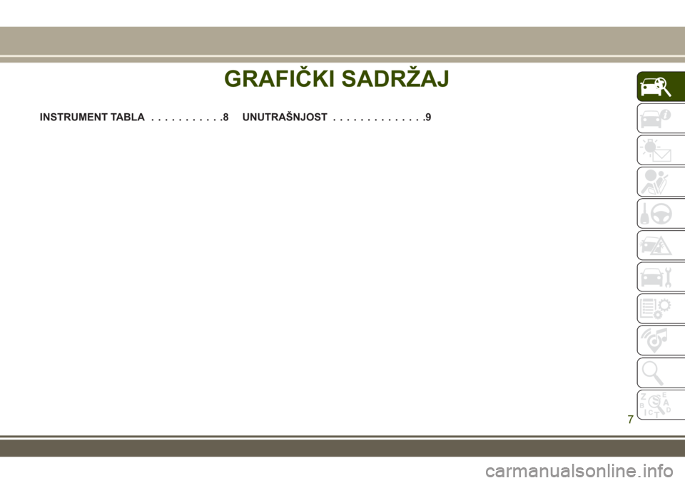 JEEP GRAND CHEROKEE 2017 Knjižica za upotrebu i održavanje (in Serbian) GRAFIČKI SADRŽAJ
INSTRUMENT TABLA...........8UNUTRAŠNJOST..............9
GRAFIČKI SADRŽAJ
7 JEEP GRAND CHEROKEE 2017 Knjižica za upotrebu i održavanje (in Serbian) GRAFIČKI SADRŽAJ
INSTRUMENT TABLA...........8UNUTRAŠNJOST..............9
GRAFIČKI SADRŽAJ
7
