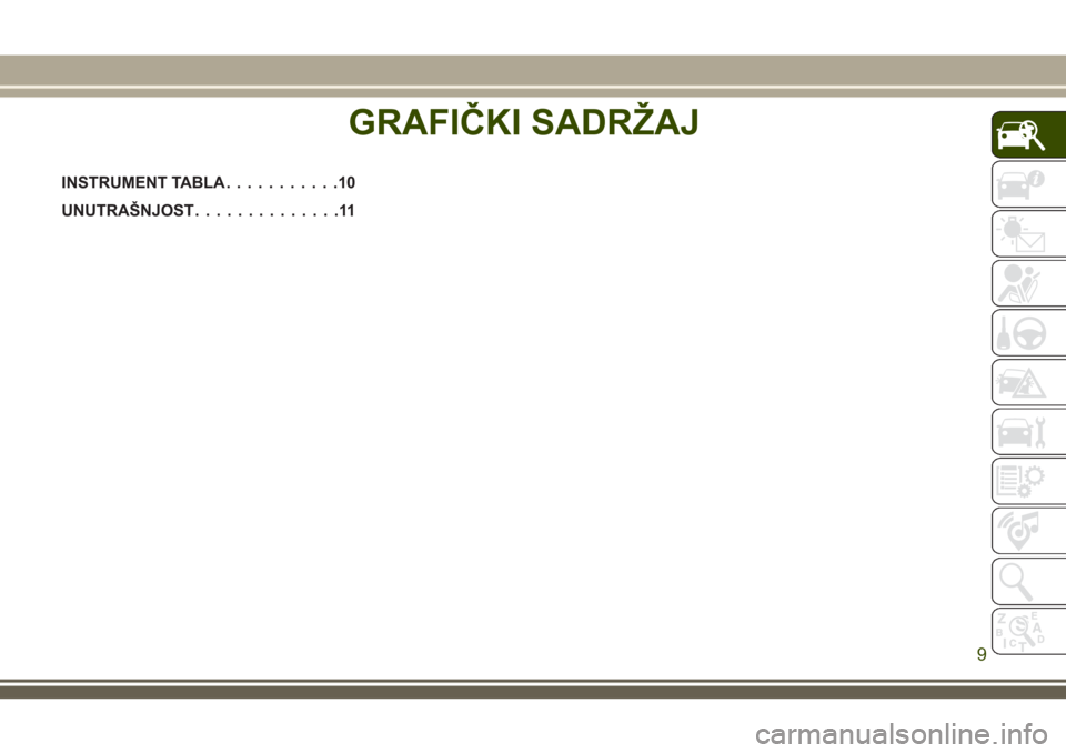 JEEP GRAND CHEROKEE 2018 Knjižica za upotrebu i održavanje (in Serbian) GRAFIČKI SADRŽAJ
INSTRUMENT TABLA...........10
UNUTRAŠNJOST..............11
GRAFIČKI SADRŽAJ
9 JEEP GRAND CHEROKEE 2018 Knjižica za upotrebu i održavanje (in Serbian) GRAFIČKI SADRŽAJ
INSTRUMENT TABLA...........10
UNUTRAŠNJOST..............11
GRAFIČKI SADRŽAJ
9