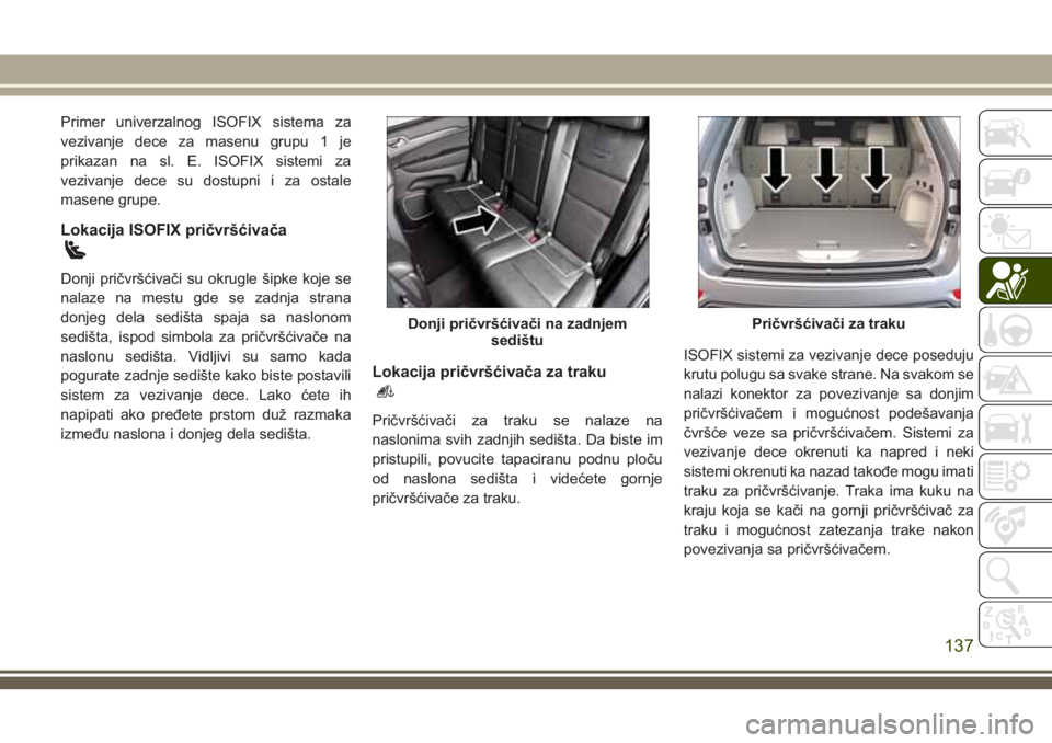 JEEP GRAND CHEROKEE 2018 Knjižica za upotrebu i održavanje (in Serbian) Primer univerzalnog ISOFIX sistema za
vezivanje dece za masenu grupu 1 je
prikazan na sl. E. ISOFIX sistemi za
vezivanje dece su dostupni i za ostale
masene grupe.
Lokacija ISOFIX pričvršćivača
Do JEEP GRAND CHEROKEE 2018 Knjižica za upotrebu i održavanje (in Serbian) Primer univerzalnog ISOFIX sistema za
vezivanje dece za masenu grupu 1 je
prikazan na sl. E. ISOFIX sistemi za
vezivanje dece su dostupni i za ostale
masene grupe.
Lokacija ISOFIX pričvršćivača
Do
