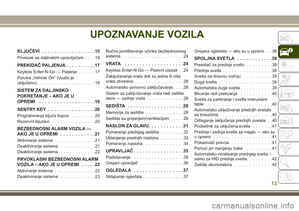 JEEP GRAND CHEROKEE 2018 Knjižica za upotrebu i održavanje (in Serbian) UPOZNAVANJE VOZILA
KLJUČEVI..................15
Privezak sa daljinskim upravljačem....15
PREKIDAČ PALJENJA..........17
Keyless Enter-N-Go — Paljenje......17
Poruka „Vehicle On“ (Vozilo je
ukl JEEP GRAND CHEROKEE 2018 Knjižica za upotrebu i održavanje (in Serbian) UPOZNAVANJE VOZILA
KLJUČEVI..................15
Privezak sa daljinskim upravljačem....15
PREKIDAČ PALJENJA..........17
Keyless Enter-N-Go — Paljenje......17
Poruka „Vehicle On“ (Vozilo je
ukl