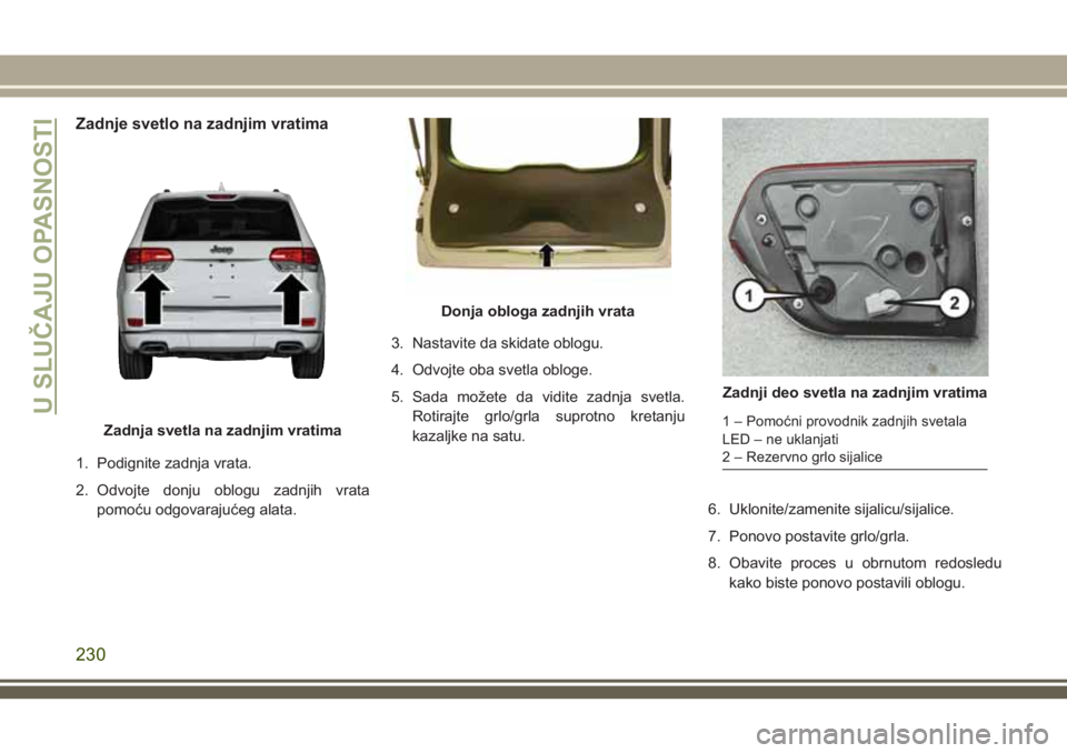 JEEP GRAND CHEROKEE 2018 Knjižica za upotrebu i održavanje (in Serbian) Zadnje svetlo na zadnjim vratima
1. Podignite zadnja vrata.
2. Odvojte donju oblogu zadnjih vrata
pomoću odgovarajućeg alata.3. Nastavite da skidate oblogu.
4. Odvojte oba svetla obloge.
5. Sada mo JEEP GRAND CHEROKEE 2018 Knjižica za upotrebu i održavanje (in Serbian) Zadnje svetlo na zadnjim vratima
1. Podignite zadnja vrata.
2. Odvojte donju oblogu zadnjih vrata
pomoću odgovarajućeg alata.3. Nastavite da skidate oblogu.
4. Odvojte oba svetla obloge.
5. Sada mo