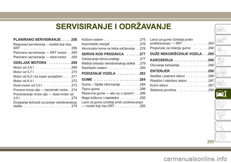 JEEP GRAND CHEROKEE 2018 Knjižica za upotrebu i održavanje (in Serbian) SERVISIRANJE I ODRŽAVANJE
PLANIRANO SERVISIRANJE.....256
Raspored servisiranje – modeli koji nisu
SRT ......................256
Planirano servisiranje — SRT motori . .260
Planirano servisiranje JEEP GRAND CHEROKEE 2018 Knjižica za upotrebu i održavanje (in Serbian) SERVISIRANJE I ODRŽAVANJE
PLANIRANO SERVISIRANJE.....256
Raspored servisiranje – modeli koji nisu
SRT ......................256
Planirano servisiranje — SRT motori . .260
Planirano servisiranje
