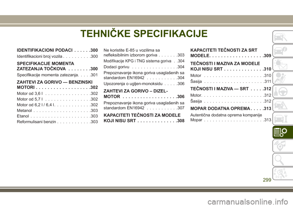 JEEP GRAND CHEROKEE 2018 Knjižica za upotrebu i održavanje (in Serbian) TEHNIČKE SPECIFIKACIJE
IDENTIFIKACIONI PODACI......300
Identifikacioni broj vozila..........300
SPECIFIKACIJE MOMENTA
ZATEZANJA TOČKOVA........300
Specifikacije momenta zatezanja.....301
ZAHTEVI ZA JEEP GRAND CHEROKEE 2018 Knjižica za upotrebu i održavanje (in Serbian) TEHNIČKE SPECIFIKACIJE
IDENTIFIKACIONI PODACI......300
Identifikacioni broj vozila..........300
SPECIFIKACIJE MOMENTA
ZATEZANJA TOČKOVA........300
Specifikacije momenta zatezanja.....301
ZAHTEVI ZA